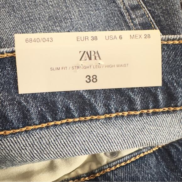 Zara The High Rise Cropped Jeans Size 6 Blue Embellishment Button Fly Straight - Picture 5 of 6